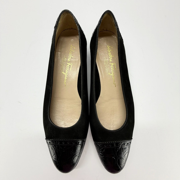 Salvatore Ferragamo Black Leather Suede Ballet Flats Women Sz 7B Slip On Classic - Picture 7 of 12